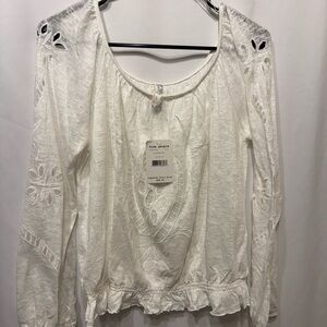 Free People White Embroidered Long Sleeve Top